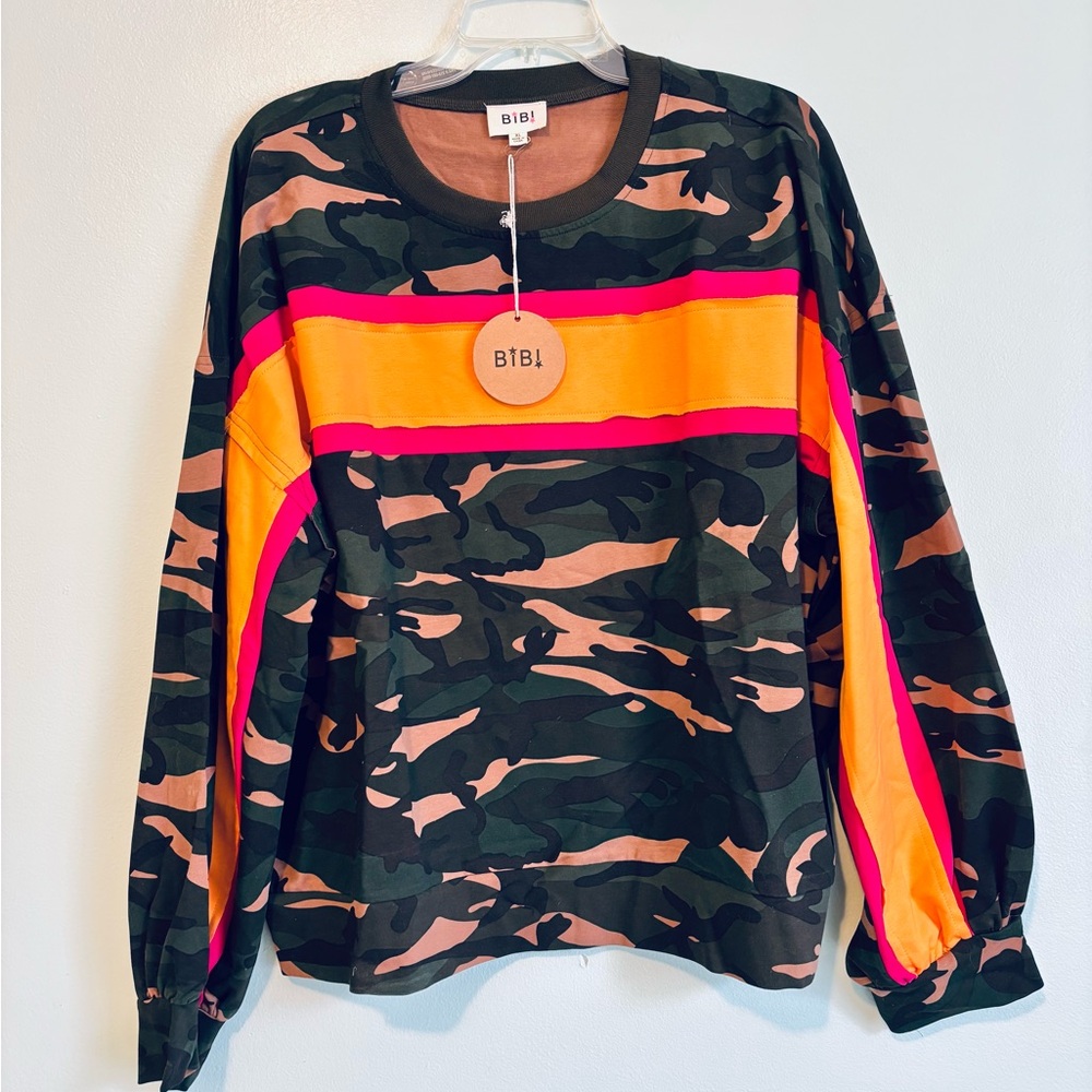 NWT BiBi Camo Color Block Stripe Long Sleeve Crewneck Sweatshirt Pullover XL